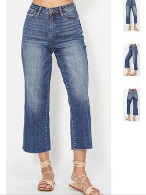 Judy Blue HW Cropped Jeans Embroidered Pocket Raw Hem Blue Size 31